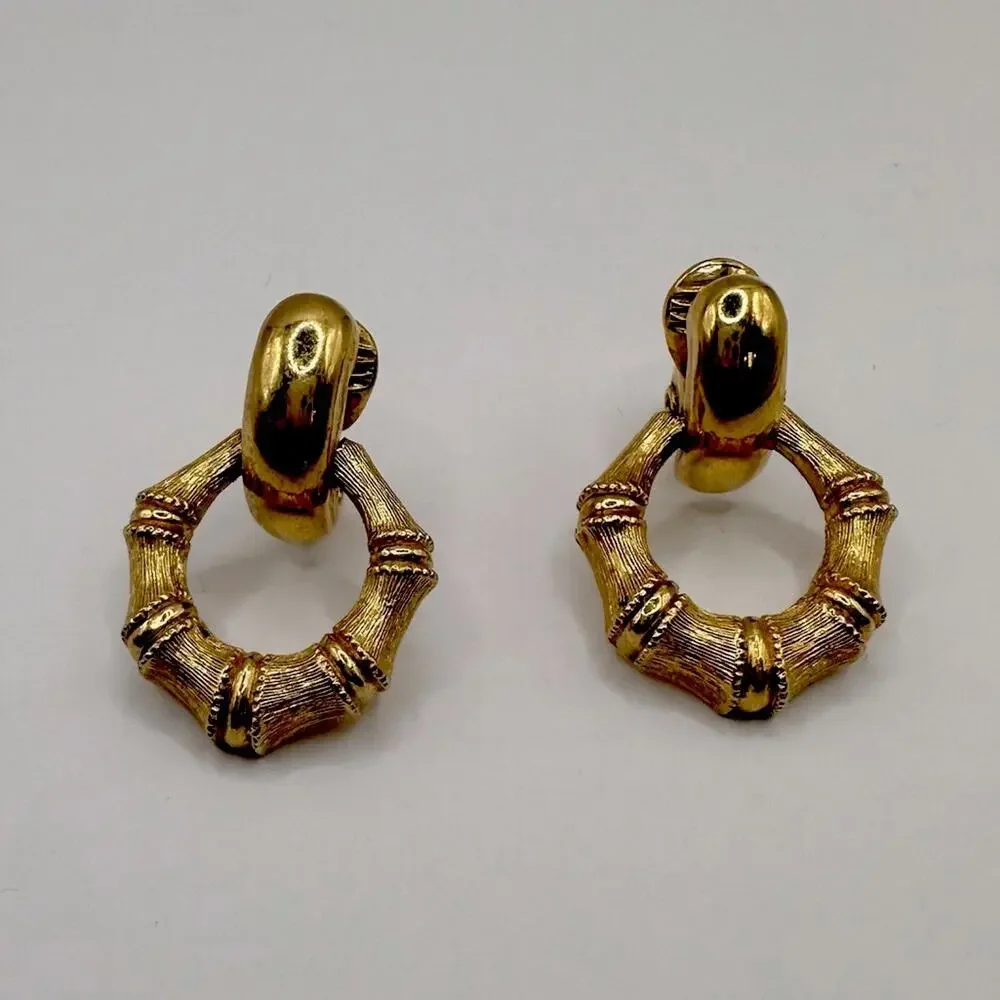 Vintage Monet Earrings Door Knocker Bamboo Earrings Clip On VTG 80s Gold tone